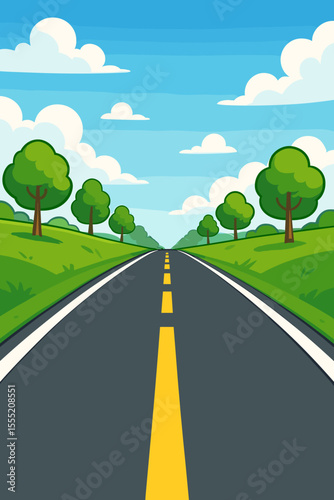 Cartoon highway road perspective with yellow center line, green hills, roadside trees, blue sky, fluffy clouds, scenic landscape, travel journey concept, vector illustration, no text