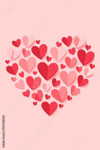 Romantic pink and red paper hearts arranged in large heart shape, love and romance concept, Valentine’s Day background, 3D origami style, wedding, anniversary, celebration, no text