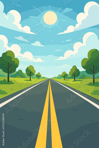 Sunny highway road perspective with double yellow dividing line, green landscape, trees, blue sky, clouds. Vector cartoon illustration of rural countryside travel, summer journey, scenic drive