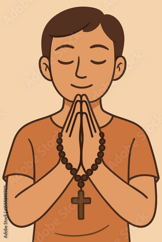 Cartoon vector illustration of hands in prayer position holding rosary beads with cross, symbolizing faith, spirituality, Christian meditation, mindfulness, devotion, and peaceful religious practice