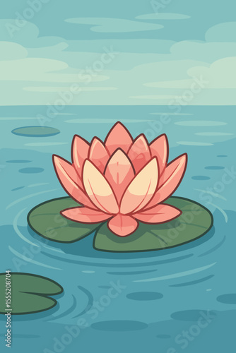 Peaceful pink lotus flower floating on calm pond water, green lily pads, tranquil nature scene, botanical vector illustration, aquatic plant, serene landscape, meditation, zen concept art