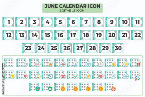 June Calendar Icon Set, Flat Design Editable Vector Illustration for Planning and Organizing Events throughout the Month