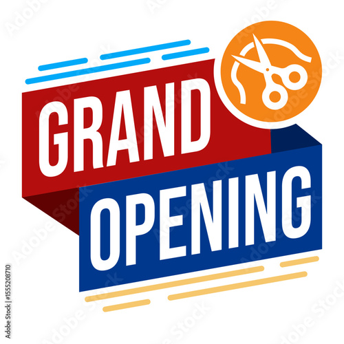 Grand opening promotional labels with modern ribbon design