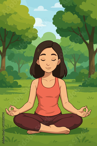Peaceful woman practicing meditation in lotus yoga pose outdoors, relaxing on grassy lawn in lush green park, mindfulness, wellness, healthy lifestyle, vector cartoon illustration