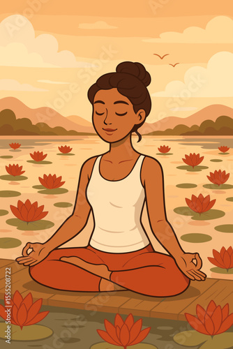 Peaceful woman meditating in lotus position by tranquil red lotus lake, serene yoga practice outdoors, mindfulness, relaxation, nature, mountains, vector cartoon illustration, wellness concept