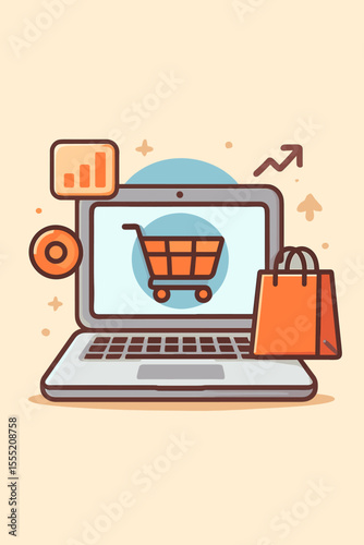Online shopping cart icon on laptop screen with shopping bag, digital marketing analytics, e-commerce business growth, internet retail, sales, vector cartoon illustration, no text
