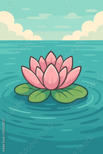 Peaceful pink lotus flower floating on calm blue pond water, tranquil nature scene, green lily pads, clear sky, serene meditation, vector cartoon illustration, relaxation and wellness concept