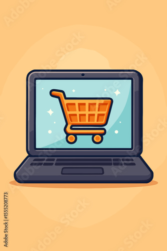 Online shopping cart icon on laptop screen. E-commerce business concept. Digital marketing, internet retail, web store, electronic commerce, purchase, checkout. Vector cartoon illustration