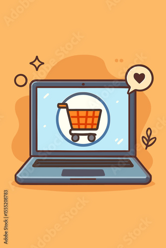 Online shopping cart icon on laptop screen. E-commerce business, digital marketing, internet retail, web store, electronic commerce concept. Vector cartoon illustration, no text, modern design