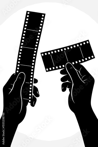Silhouette hands holding vintage film strips. Black and white vector illustration. Analog photography concept. Retro movie reel, photo negative, cinematography, creative media background
