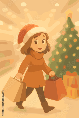 Christmas Shopper Cartoon Vector Illustration with Santa Hat Carrying Shopping Bags in Festive Department Store with Decorated Christmas Tree and Gifts