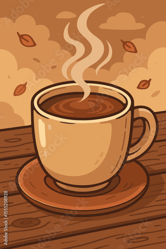 Cozy steaming mug of hot cocoa or coffee on rustic wooden table, autumn leaves, comforting warm beverage, relaxing fall morning, vector cartoon illustration, seasonal drink concept
