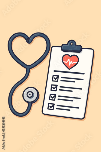 Heart shaped stethoscope with medical checklist clipboard, annual health checkup concept, healthcare examination, wellness report, cartoon vector illustration, preventive medicine, diagnosis