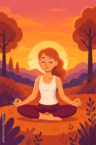 Tranquil sunset yoga meditation outdoors. Woman practicing mindfulness in lotus pose in scenic nature landscape. Relaxation, wellness, mental health, peaceful evening, vector cartoon illustration