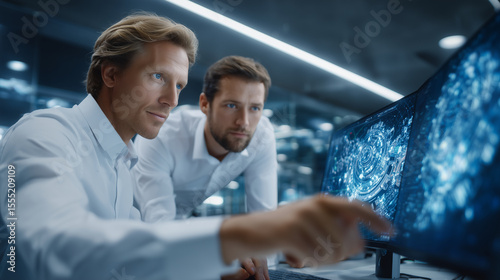 Professional engineers working together on advanced CAD software, designing a mechanical component on dual monitors in a bright and modern research facility CAD interface, mechanic