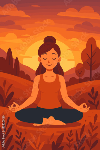 Peaceful woman practicing yoga meditation outdoors at sunset, serene nature landscape, mindfulness, relaxation, wellness, vector cartoon illustration, tranquil evening scenery, healthy lifestyle