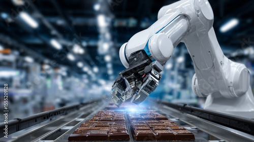 Close-up of a robotic arm assembling chocolate products on a production line in a clean and advanced automated food factory robotic manufacturing, chocolate factory, automated syst