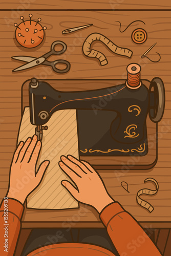 Vintage sewing machine top view with woman’s hands sewing fabric, tailoring tools, scissors, tape measure, pincushion, needle, button, handmade craft, dressmaking workshop vector illustration