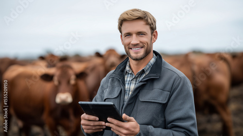 Young farmers using a digital tablet to monitor livestock health and farm data while standing in a pasture surrounded by brown cows, showcasing smart agriculture solutions smart fa