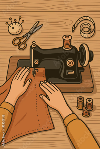 Top view hands sewing fabric on vintage sewing machine in tailor workshop. Cartoon vector illustration with scissors, measuring tape, thread spools, pin cushion. Handmade craft, sewing concept