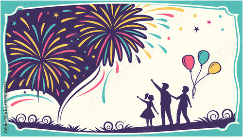 Celebrate with family watching fireworks vector illustration design for holiday events and party
