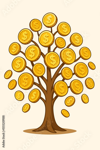 Money tree with golden coins, financial growth, investment savings, wealth prosperity, banking success, economic fortune, business finance, cartoon vector illustration, metaphor for abundance