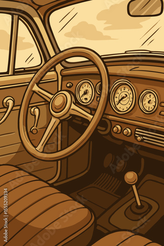 Vintage classic car interior vector illustration with antique steering wheel, retro dashboard, analog speedometer, gear shift, nostalgic design, sepia color, transportation concept, no text