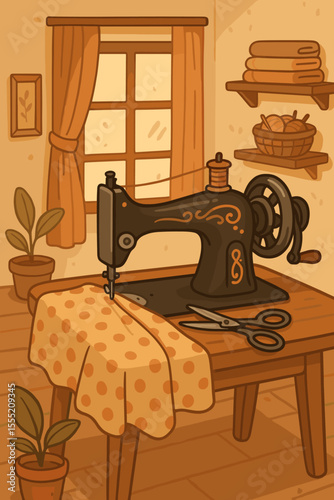 Vintage sewing machine with polka dot fabric and scissors on wooden table in cozy home interior. Retro hand crank equipment, warm sunlight, plants, yarn basket, textile craft workspace vector