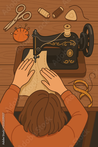 Vintage sewing machine with fabric, scissors, thread, and tailor tools on wooden table. Seamstress hands working, cozy workspace, retro craft, dressmaking, handmade fashion, vector illustration