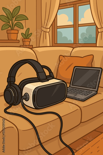 Virtual reality headset with headphones and laptop on cozy living room sofa. Home entertainment technology, immersive gaming, digital lifestyle, relaxation, modern interior. Vector illustration