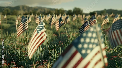 Field of American flags waving in the breeze, honoring veterans, cinematic shot