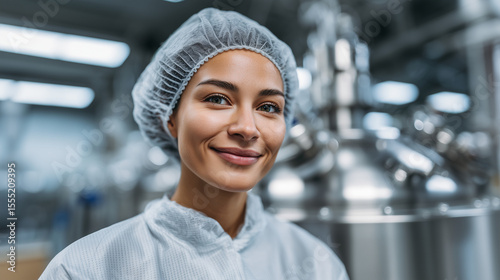 A female pharmaceutical technician in sterile protective clothing operating stainless steel bioreactor equipment in a cleanroom facility, symbolizing precision in drug manufacturin