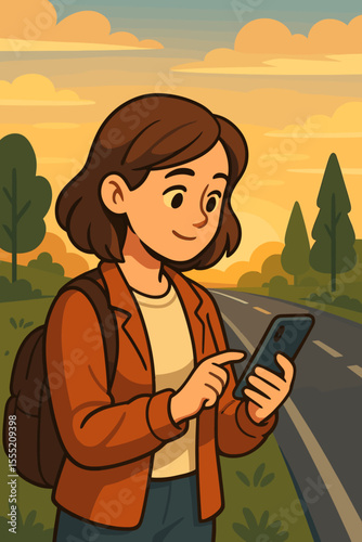 Young woman traveler using smartphone by roadside at sunrise, digital navigation, outdoor adventure, backpack journey, cartoon vector illustration, technology and travel concept