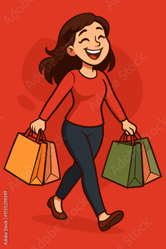 Cheerful woman shopping with colorful bags, walking confidently in modern fashion outfit, vibrant red background, retail therapy, consumerism, vector cartoon illustration, lifestyle concept
