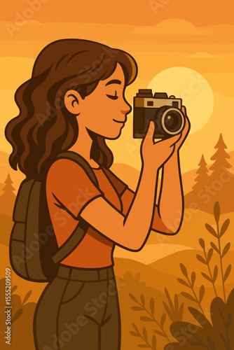 Female photographer with vintage film camera capturing golden hour landscape in nature, cartoon vector illustration, outdoor adventure, sunset, hiking, travel, forest, scenic view, backpack