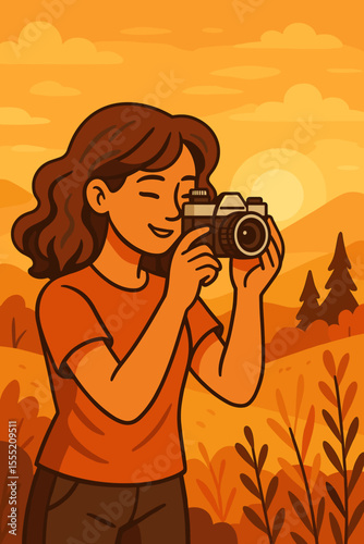 Young woman photographer with vintage film camera capturing scenic golden hour landscape in nature, cartoon vector illustration, outdoor hobby, sunset adventure, autumn field, travel concept