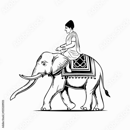 Indian Man Riding Elephant Vector Illustration isolated on white background.