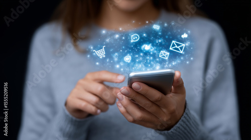 Close-up of hands holding a phone with holographic message bubbles, likes, shopping cart, and email icons flying around, symbolizing online interaction and mobile connectivity digi
