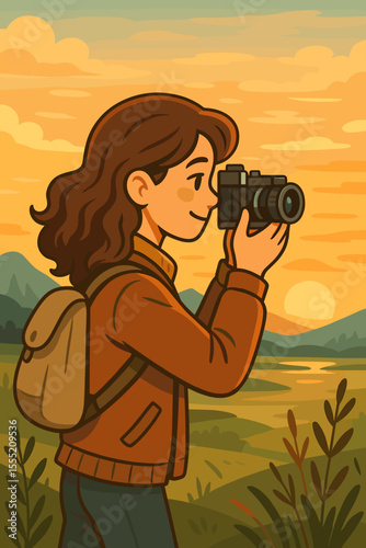 Female photographer with retro film camera exploring scenic landscape at sunset. Adventure travel, nature photography, hiking, outdoor activity. Vector cartoon illustration, autumn evening scene