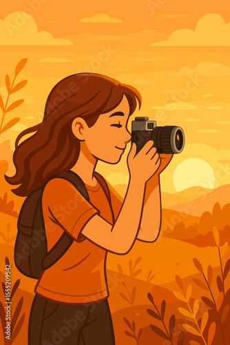 Young woman photographer with backpack taking pictures of scenic landscape at golden hour sunset, outdoor adventure, nature exploration, travel photography, vector cartoon illustration