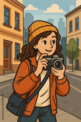 Urban street photographer woman exploring city with vintage film camera, autumn outfit, beanie hat, crossbody bag, cartoon vector illustration, cityscape background, creative lifestyle concept