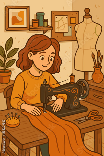 Seamstress sewing fabric on vintage sewing machine in cozy creative studio. Tailor workspace with dress form, scissors, pins, spools of thread, plants, artistic decor. Cartoon vector illustration