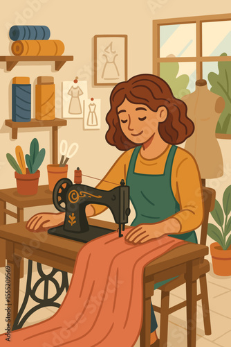 Seamstress sewing fabric on vintage sewing machine in cozy creative studio. Tailor workspace with dress patterns, threads, plants, mannequin, and handmade crafts. Textile art vector illustration