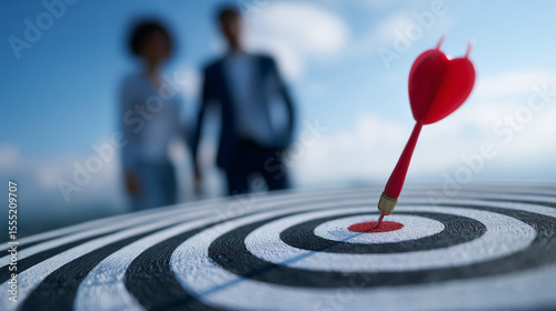 A red dart perfectly hitting the center of a black and white bullseye target under a bright sky, symbolizing precision, success, and goal achievement bullseye target, dartboard, ce
