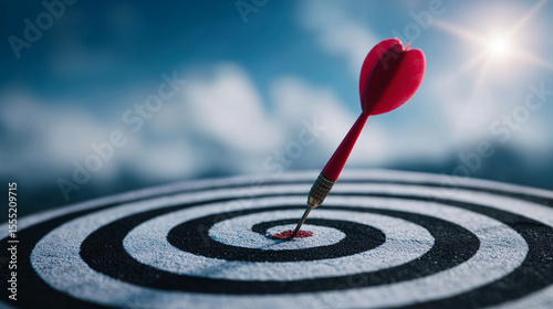 A red dart perfectly hitting the center of a black and white bullseye target under a bright sky, symbolizing precision, success, and goal achievement bullseye target, dartboard, ce