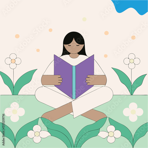Vector art of a woman sits in a garden reading a book surrounded by flowers