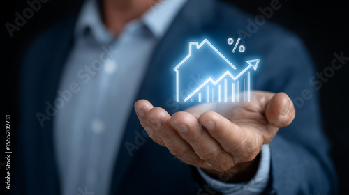 A businessman analyzing real estate trends with a glowing holographic house icon, upward arrows, and percentage symbols above his palm, representing rising mortgage rates and prope