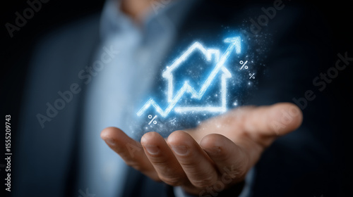 A businessman analyzing real estate trends with a glowing holographic house icon, upward arrows, and percentage symbols above his palm, representing rising mortgage rates and prope