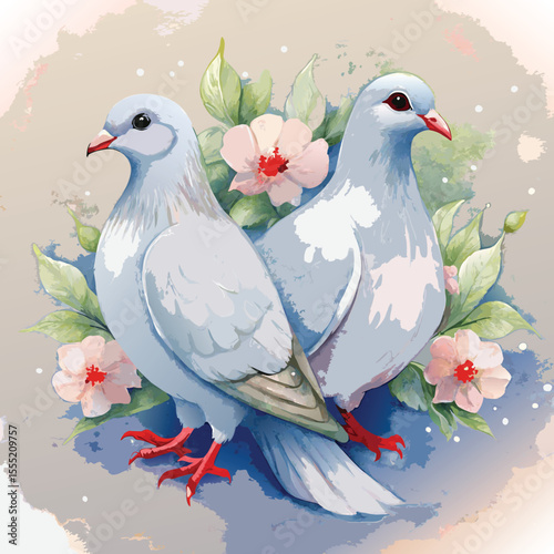 Vector art of two white pigeons stand together among pink flowers