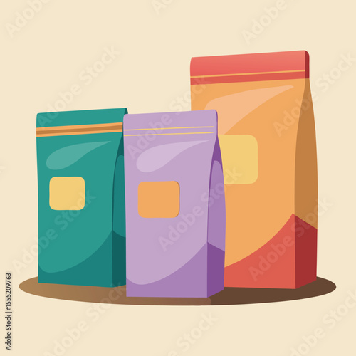 Vector art of three colorful pouches stand together, ready for packaging various products